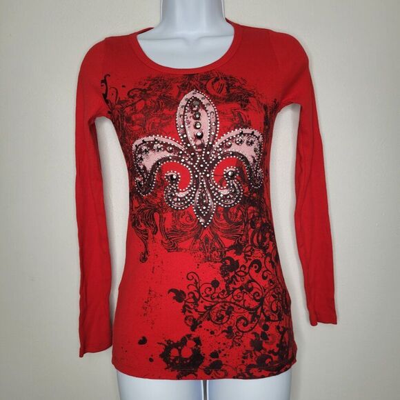 y2K red black grunge cyber thermal studded emo long sleeve top size medium - Picture 1 of 6